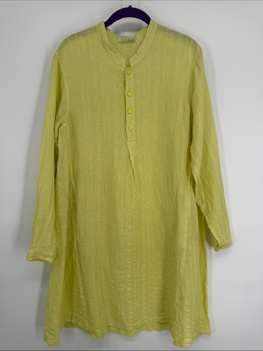 Stark X Linen Dress Mandolin Collar Chartreuse Yellow Size Small